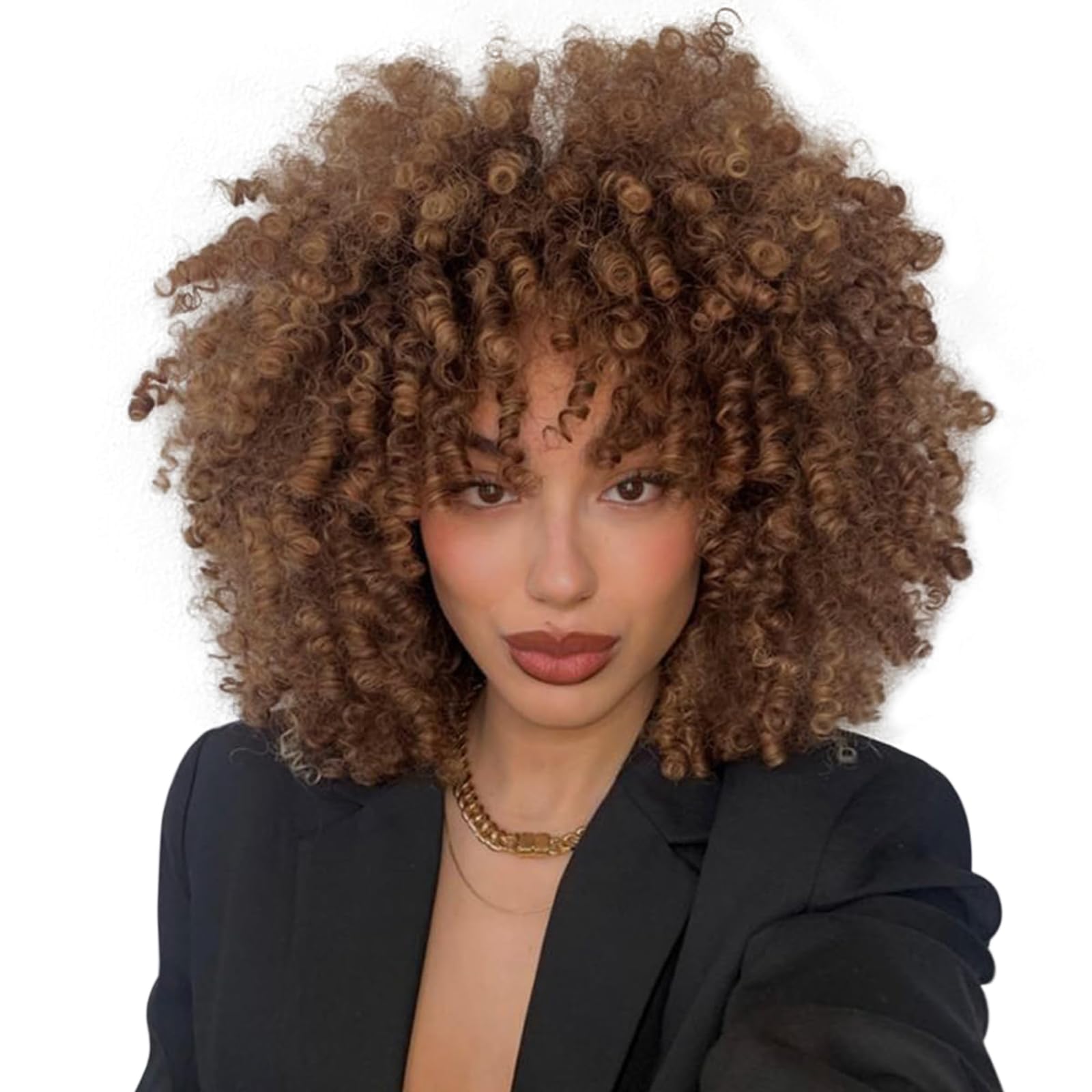 BECUS Brown Afro Wig Curly Wigs for Women with Bangs, Short Kinky Curly Synthetic Wig for Daily Wear Halloween Party Cosplay(10''-Brown) — image 1