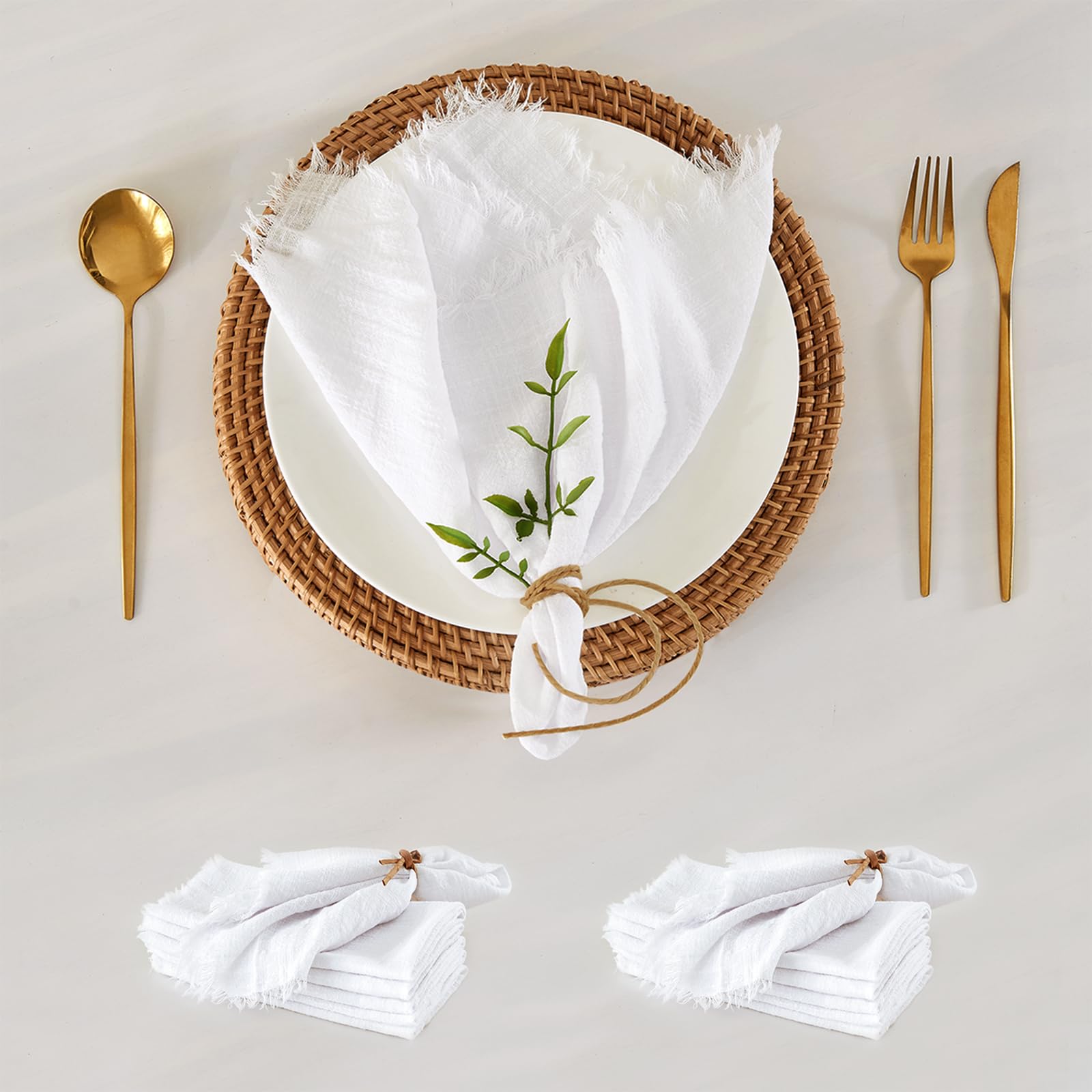 WAITER TREE Cloth Napkins 12pcs White Soft Pure Cotton with Fringed Breathable Square 48 x 48 cm Rustic Handcrafted Napkins for Dinners Parties Weddings