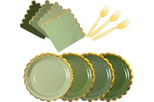 Leapig Green mix scalloped party plates with napkins and fork gold foil border, 24 Guest disposable Tableware Set Sage Green Party Decoration for Birthday Coquette Bridal Baby Shower Valentines