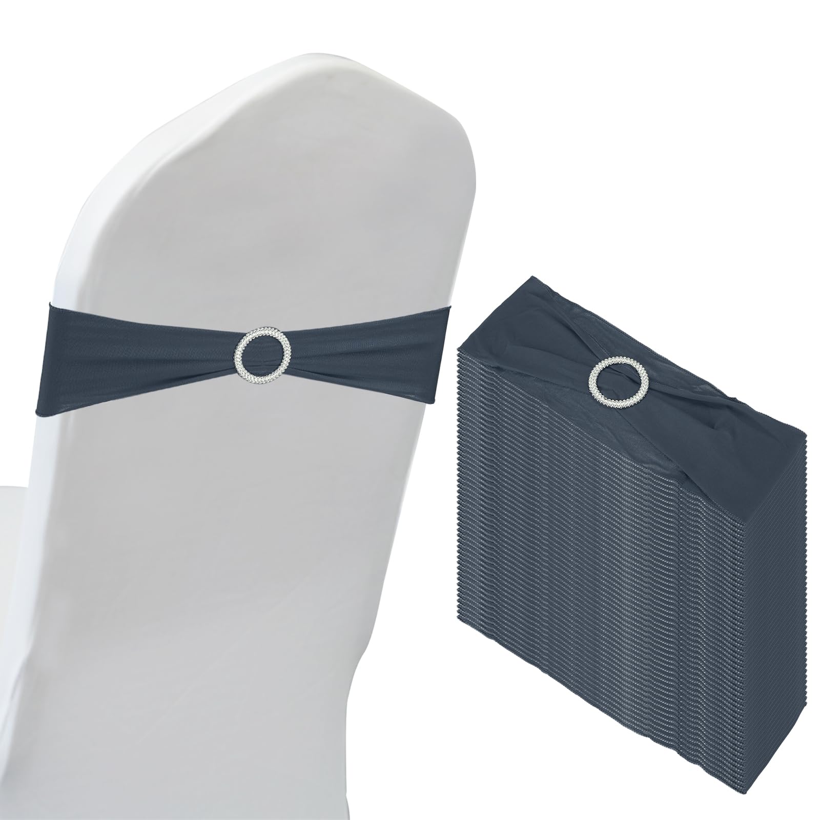 PATIKIL 14"x5" Stretch Chair Sashes Bows, 50 Pack Elastic Chair Bands Sashes with Buckle Slider for Wedding Banquet Decorations, Dark Grey