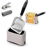 Metal Cat Litter Scoop, Cat Scooper, Metal Litter Scooper, Poop Scoop | Heavy Duty Ergonomic Handle, Dust Free Quick Sifting Shovel Catches All Clumps, Bags &amp; Clip Included, with Washable Holder