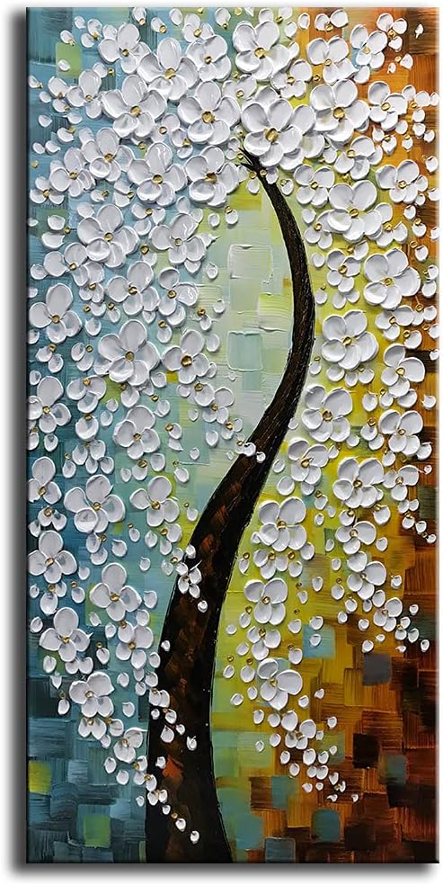 Paintings - Tyed Art- Hand Painted Modern Textured White Flower Tree Oil Painting on Canvs Abstract Floral Artwork Home sitting room Decoration Canvas Wall Art Paintings Ready to hang 24x48inch