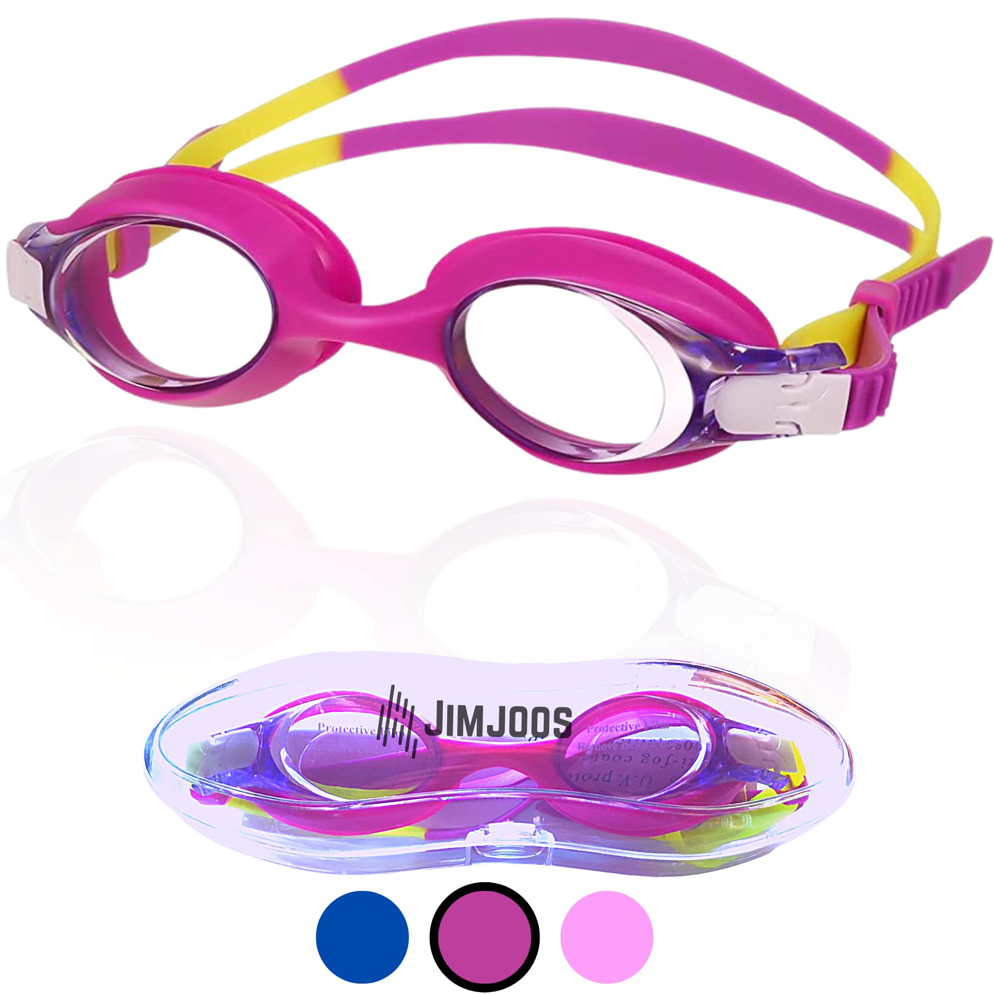 JIMJOOS Swimming Goggles For Kids - Anti Fog, Waterproof, UV Resist Swim Goggles - Quick Adjustable Strap and No Leaking Kids Goggles For All Ages With Protective Case (PINK)