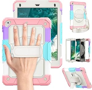 Timecity Case Compatible with iPad 6th Generation 2018 / 5th 2017, Heavy Duty Kids Case with Built-in Screen Protector Swivel Kickstand Hand Strap & Shoulder Strap Case for iPad 9.7 inch- Pink Camo