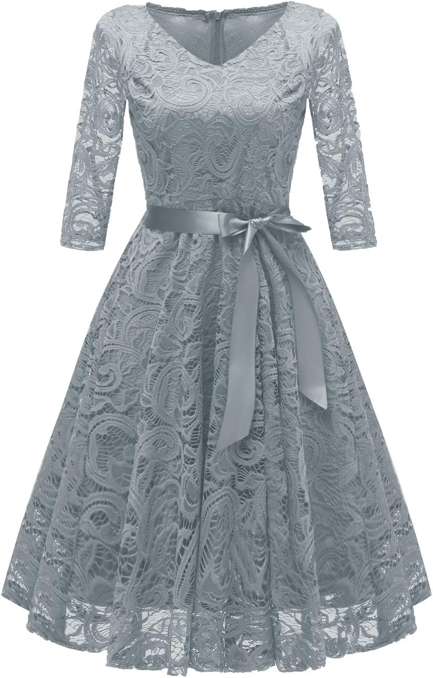 Viloree 1950s Women's Lace 3/4 Sleeve V Neck Prom Cocktail Swing Midi Dress