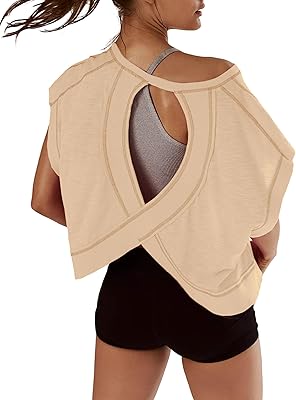 Kumufenc Women Short Sleeve Workout Shirts Open Back Tops Casual Yoga Y2k Athletic Gym Slouchy Crop Running Tees