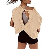Kumufenc Women Short Sleeve Workout Shirts Open Back Tops Casual Yoga Y2k Athletic Gym Slouchy Crop Running Tees