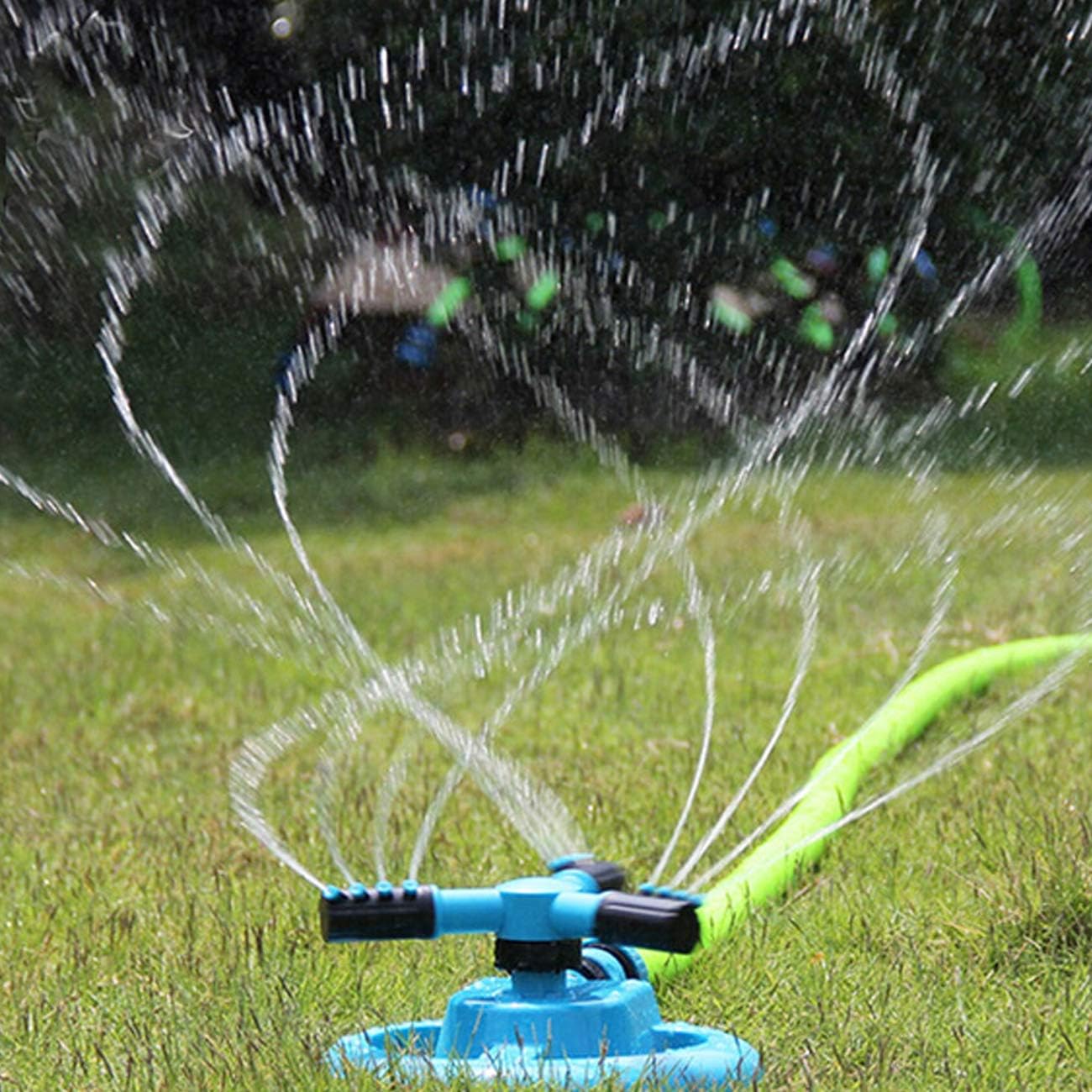 TIHOOD Garden Sprinkler, 360° Automatic Rotating Portable Lawn Sprinkler, Adjustable Gardening Supplies 3 Arm Nozzle Watering System- Water Up to 3, 600 Sq. Ft. Coverage (Blue) : Garden & Outdoor