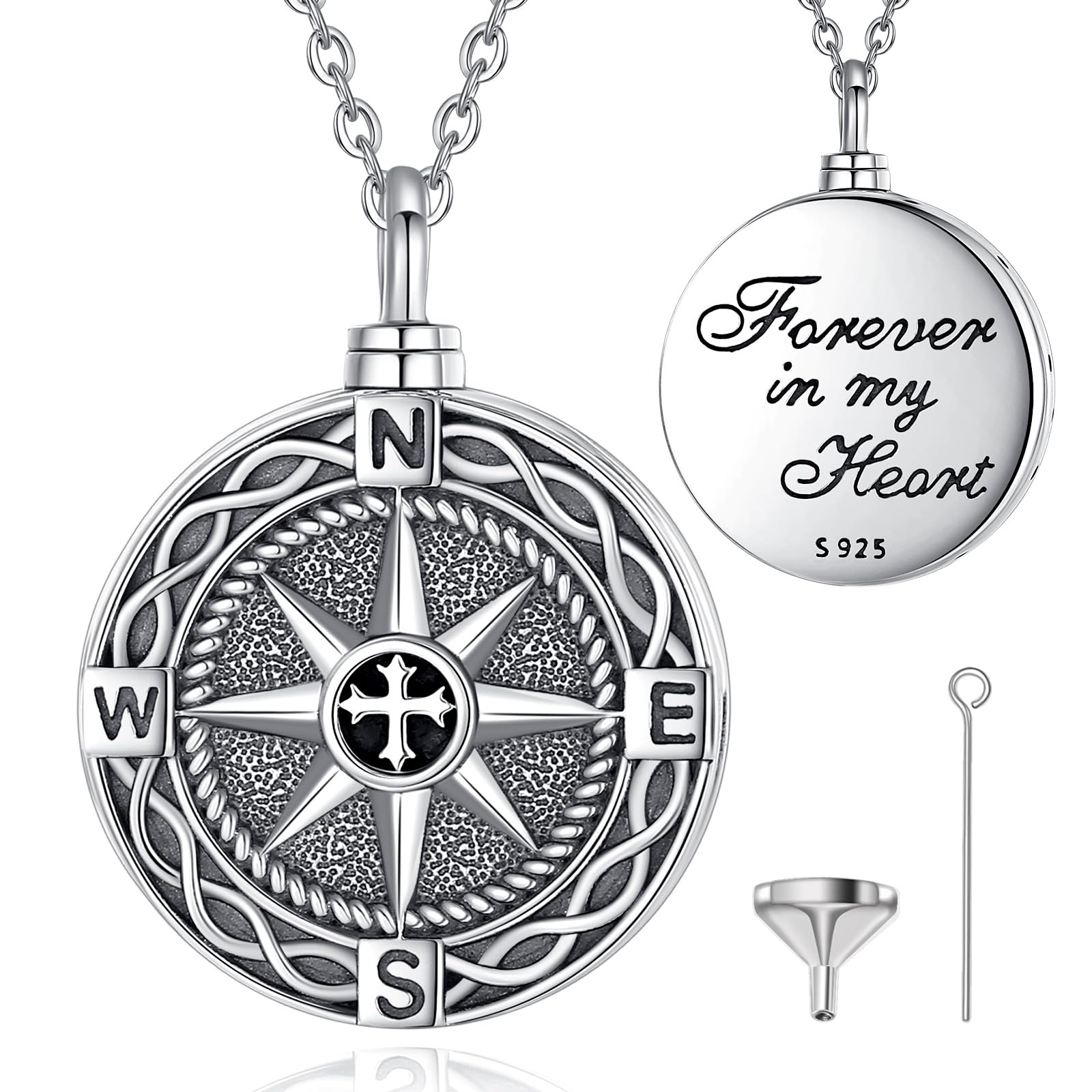 EUDORA Harmony Ball 925 Sterling Silver Compass Urn Necklace for Ashes for Women, Vintage Compass Cremation Pendant for Human Cat Dog Ashes of Loved One Keepsake Jewelry Gift, 20+2"