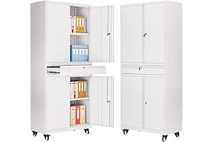 LISSIMO Metal Storage Cabinet with Wheels, Tall Garage Storage Cabinet with 2 Adjustable Shelves and Drawer, Lockable Tool Cabinet for Home Office Garage School