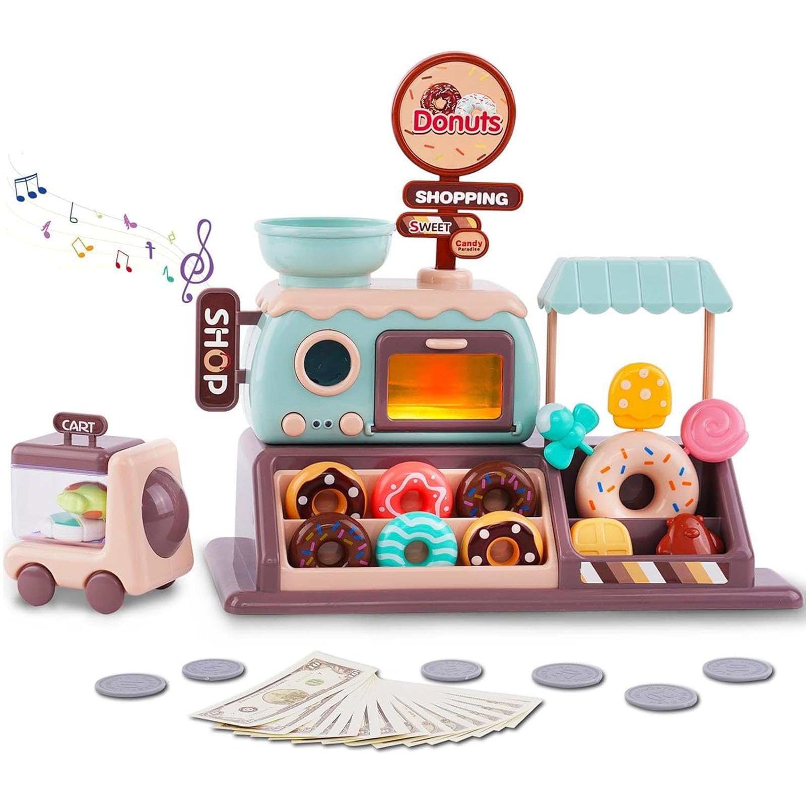 Pretend Play Shop Playset with Lights and Music, Mini Donut Shop Toy with Donut Maker Machine and Oven, 34pcs Dessert Donuts Candy Set Toys for Boys and Girls