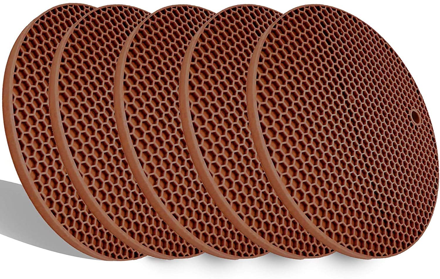 5 Pack Extra Thick Silicone Pot Holder Coaster Trivet Mats,Heatproof Pot Holder/Hot Pads,Non Slip Durable Flexible Table Mats Round Honeycome Multipurpose Kitchen Heat Resistant Mat (Coffee)