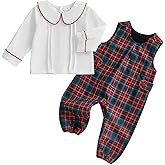 Lenjindjer Newborn Baby Boy Christmas Outfit Long Sleeve Doll Collar Tops Plaid Overalls Pants 2Pcs Fall Winter Xmas Clothes