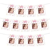 Snowflake Monthly Photo Banner, Winter Onederland 1st Birthday Decorations for Girls, Pink Bow First Birthday Photo Banner for Baby from Newborn to 12 Months Winter First Bday Party Supplies