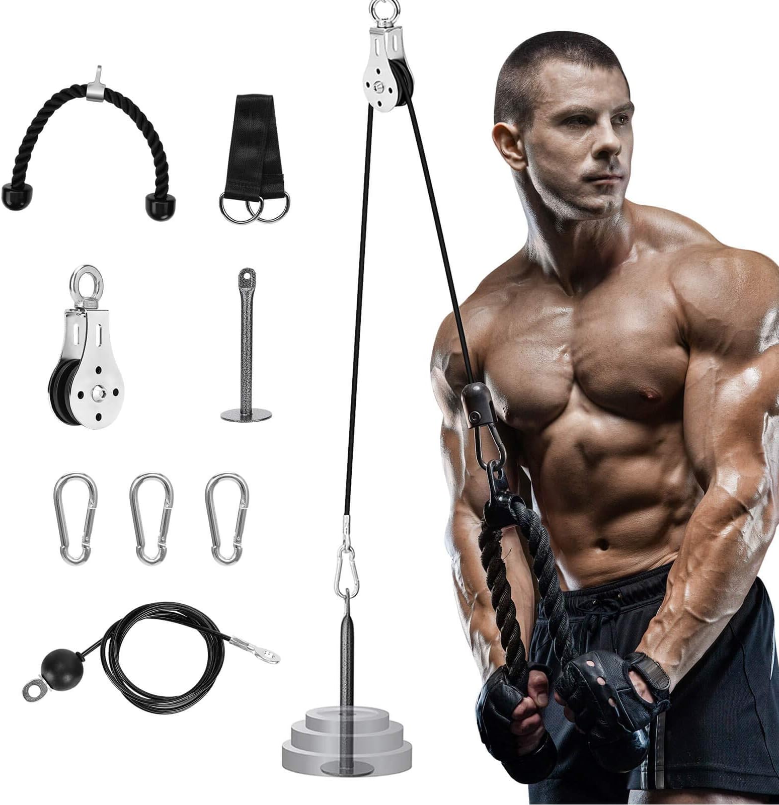 Elikliv Pulley Cable Machine Attachments System, DIY Fitness Pulley Cable Lat Pull Down Machines, Pulley System Gym Equipment Home workout for Lat Pulldowns, Tricep Pull Downs, Biceps Curl, Back
