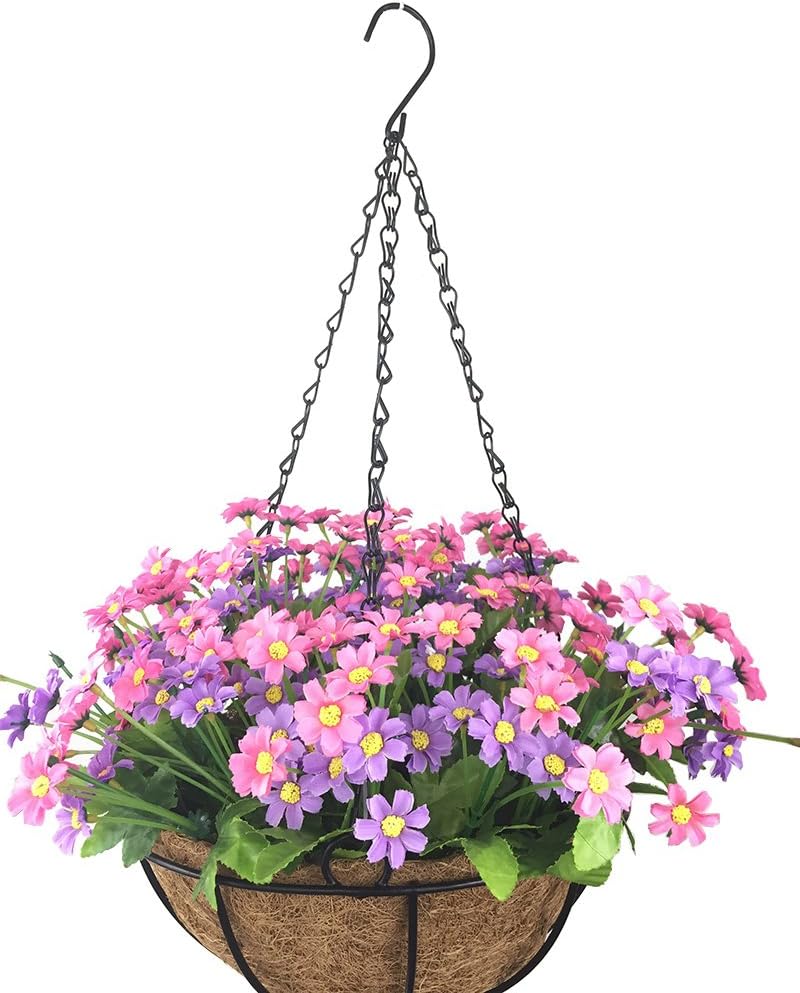 Lopkey Artificial Daisy Fake Flowers Outdoor Indoor Patio Lawn Garden Hanging Basket with Chain Flowerpot,Pink