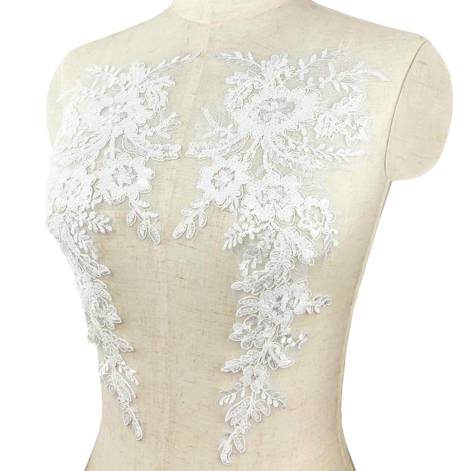 Photo 1 of 1 Pairs Sequins Flower Embroidery Lace Appliques Floral Embellishments Sew on Patches for Wedding Bridal Dress Party Gown Clothing Bodice Craft DIY (#1 White-Off Car Bone Style)