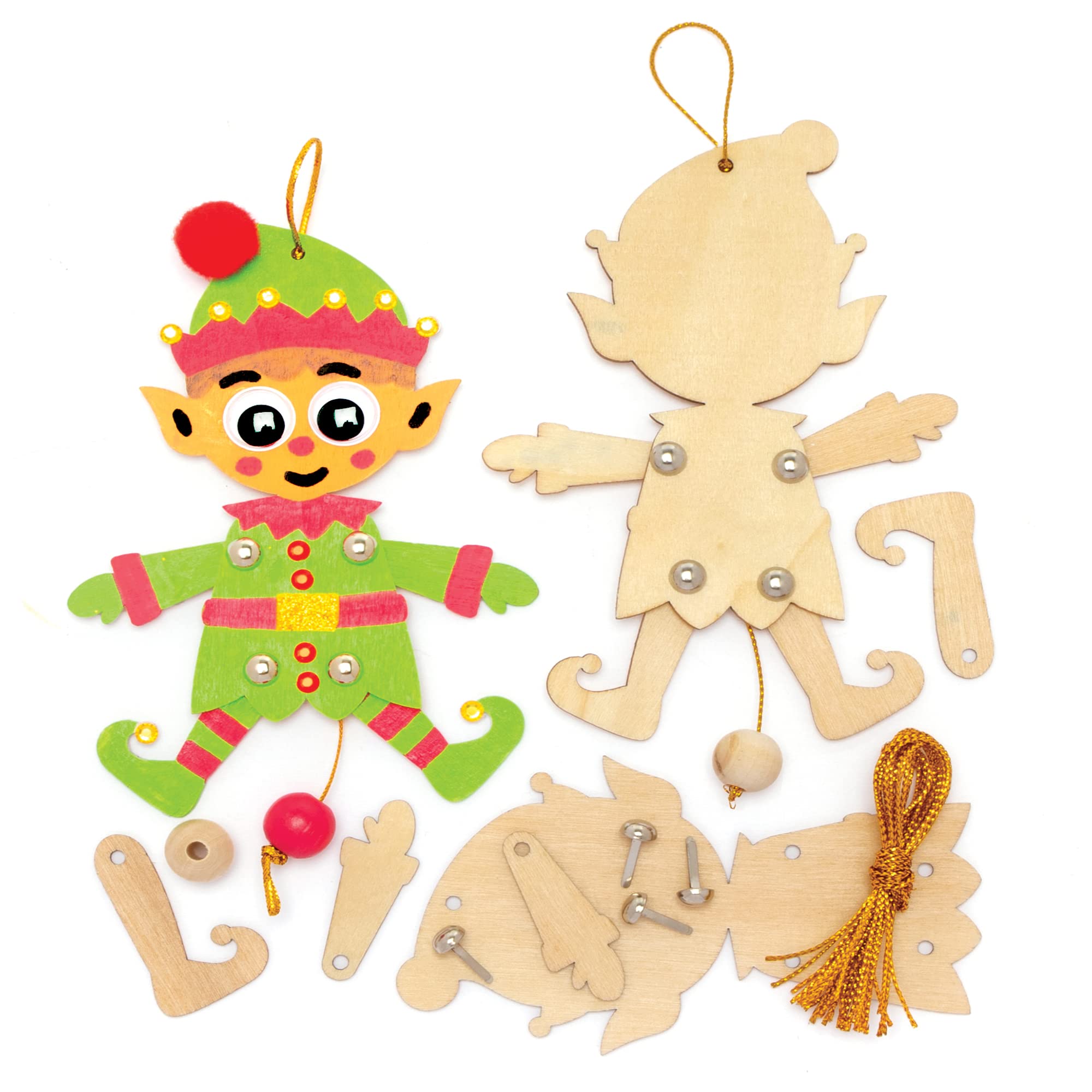 Baker Ross FE966 Christmas Elf Wooden Puppets - Pack of 5, Make Your Own Wooden Crafts, Kids Puppets to Assemble and Decorate