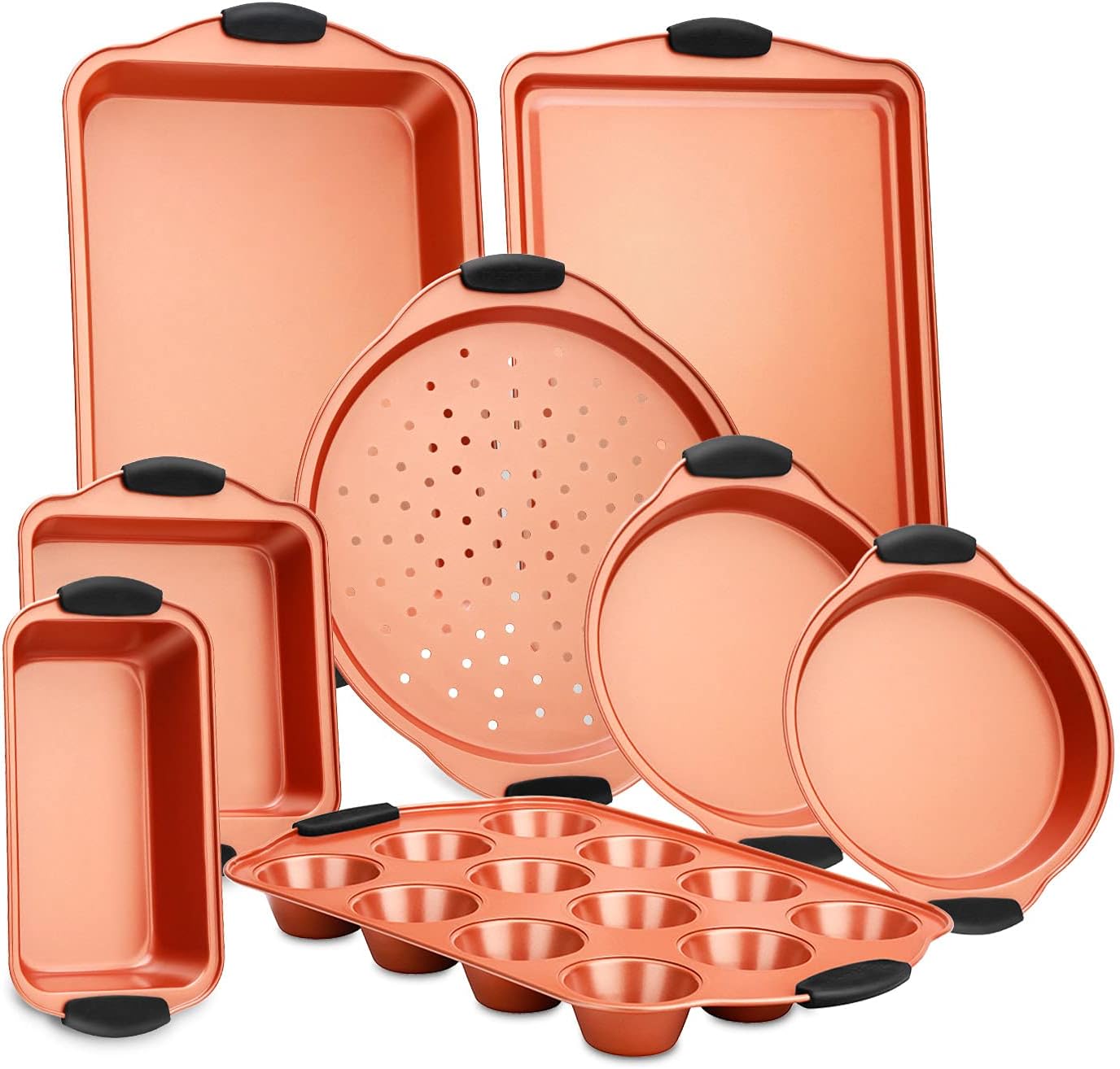 NutriChef Flexible & Nonstick Carbon Steel Bakeware Professional Home Kitchen Bake Pan Set with Black Silicone Handles, 8 Piece, Copper: Kitchen & Dining