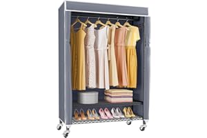 VIPEK R1C Rolling Clothes Rack with Cover Portable Closet for Hanging Clothes, Heavy Duty Garment Rack Freestanding Clothing Racks with Wheels& Hanging Rod, Black Closet Racks with Grey Cover