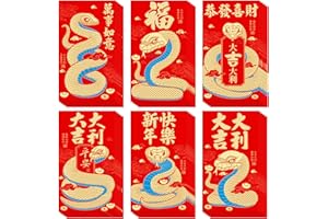 JORMAHO 36 PCS Chinese Red Envelope 2025, Traditional Year of the Snake Red Envelopes, Lunar New Year Lucky Money Hong Bao for Spring Festival, 6 Gold Embossed Designs, Large (3.5 x 6.6 In/9 x 16.8 cm)
