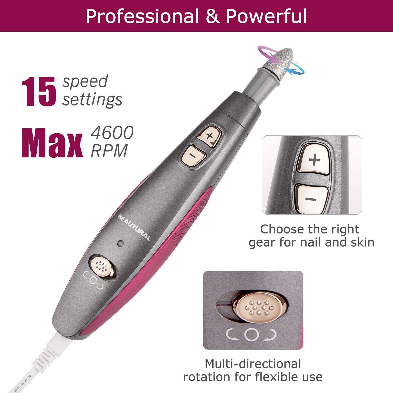 BEAUTURAL Professional Manicure and Pedicure Kit, 10-piece Attachments and 20 Sanding Bands for Hand/Foot Nail Care, Powerful Nail Drill Kit [Upgraded Version] : Beauty