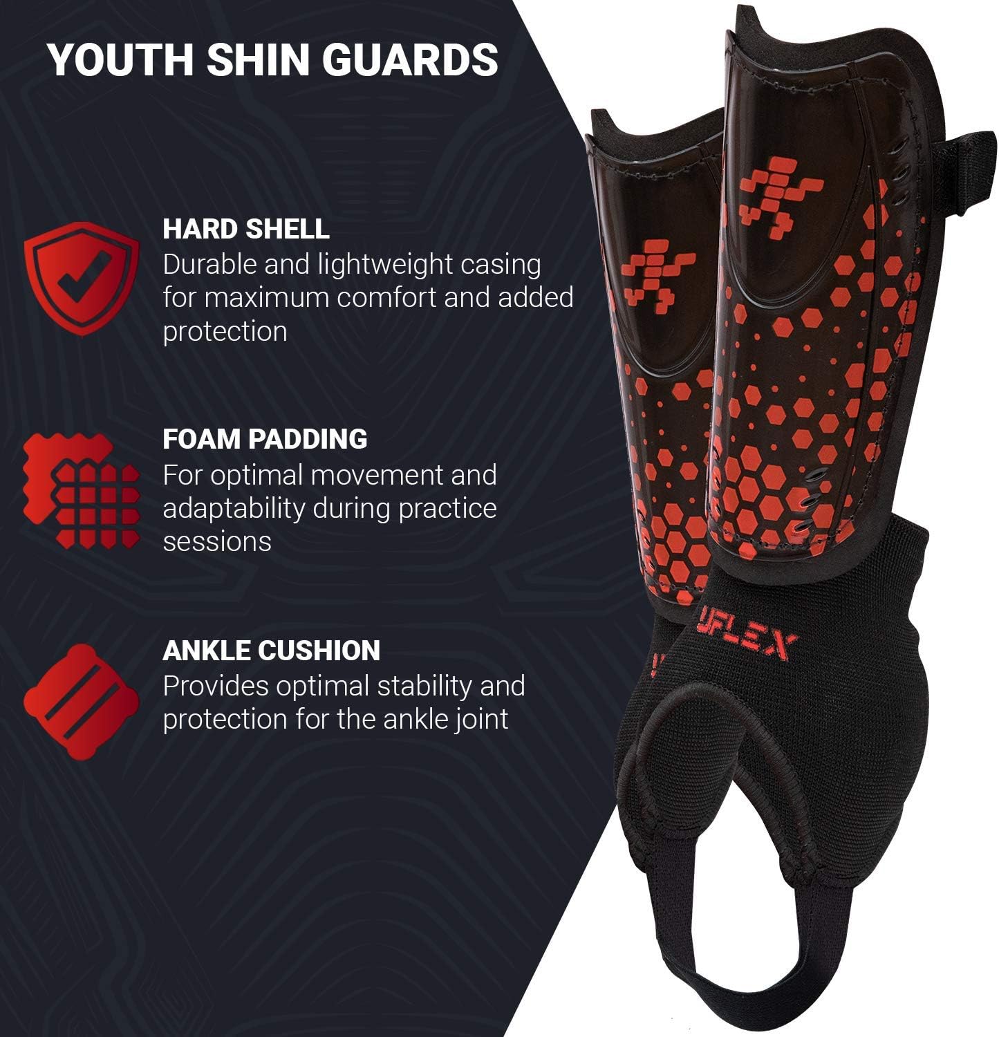 UFlex Athletics Slip and Slide Shin Guards for Kids and Teens - Protective Soccer Gear for Boys and Girls with Padded Ankle Support - Non Slip Adjustable Straps : Sports & Outdoors