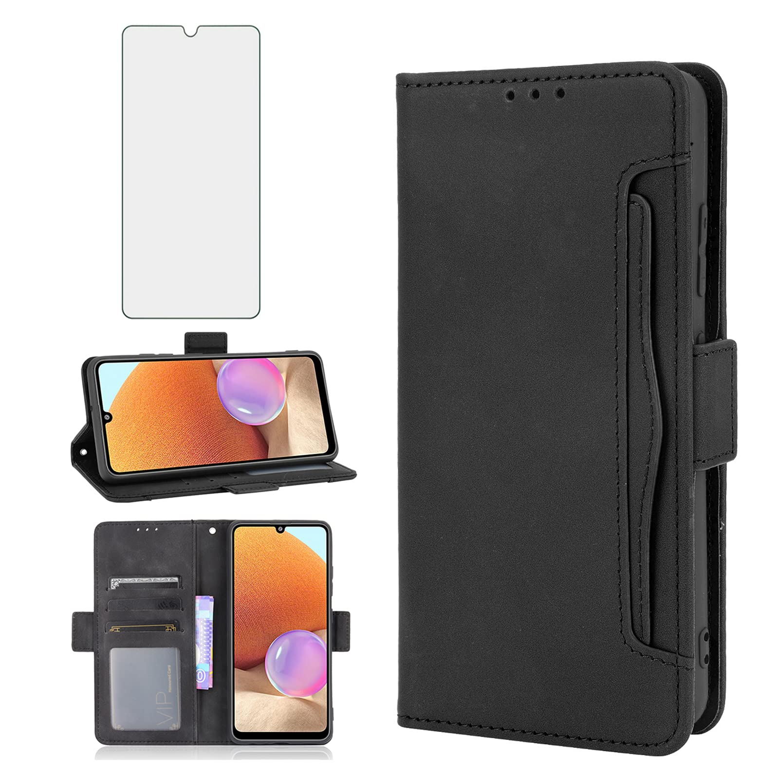 Phone Case for Samsung Galaxy A32 4G 6.4 inch Wallet Purse Leather Flip Cover With Tempered Glass Screen Protector Card Holder Slot Stand Kickstand Cell Accessories Magnetic Glaxay A324G A 32 Black