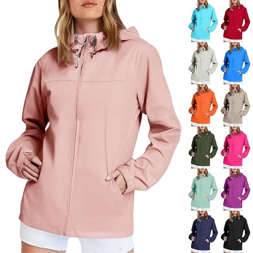 Ladies Waterproof Jackets, Rain Coats for Women Lightweight Waterproof Jacket Hooded Zip up Softshell Windbreaker with Drawstrings XL