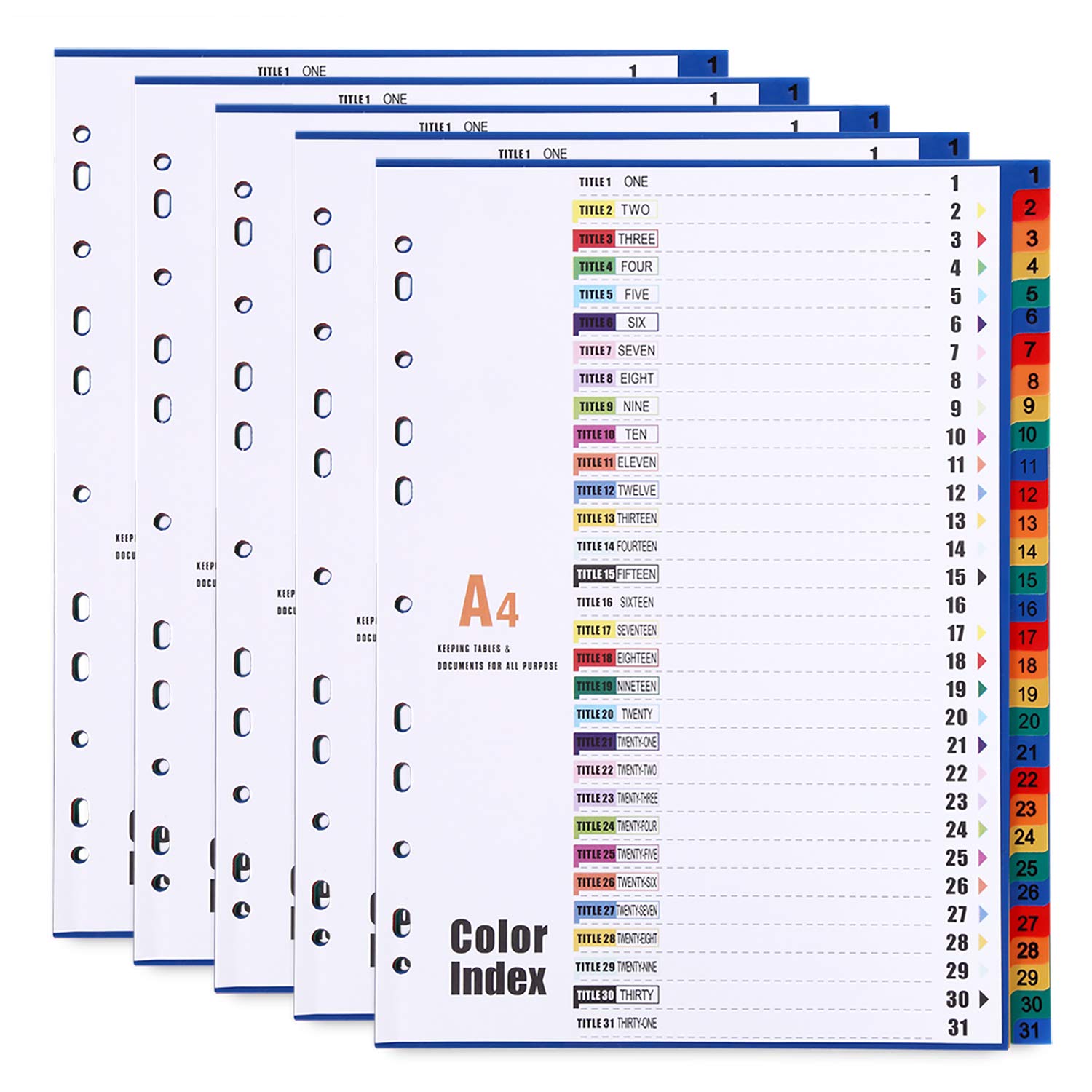 A4 Plastic File Dividers 31-Part Index 1-31 (5 Pack) A4 Subject Dividers with Reinforced 11-Holes & Content List, Multi-Colour Pre-Printed Number Dividers Index Tabs