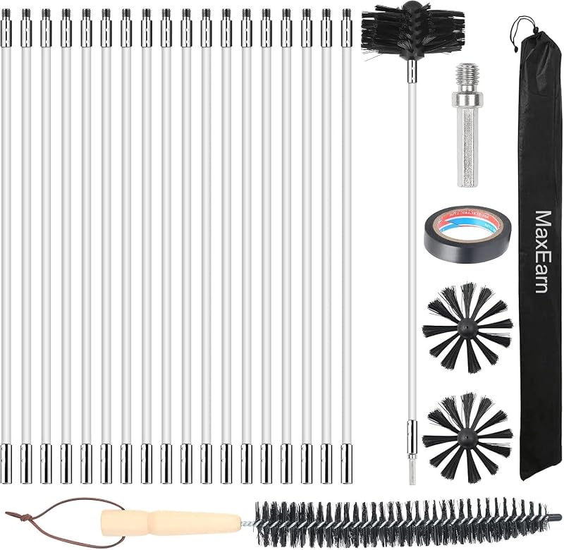 MaxEarn 24Pcs Chimney Cleaning Kit 18 Nylon Rods 4in Brush Head Wood Long Brush