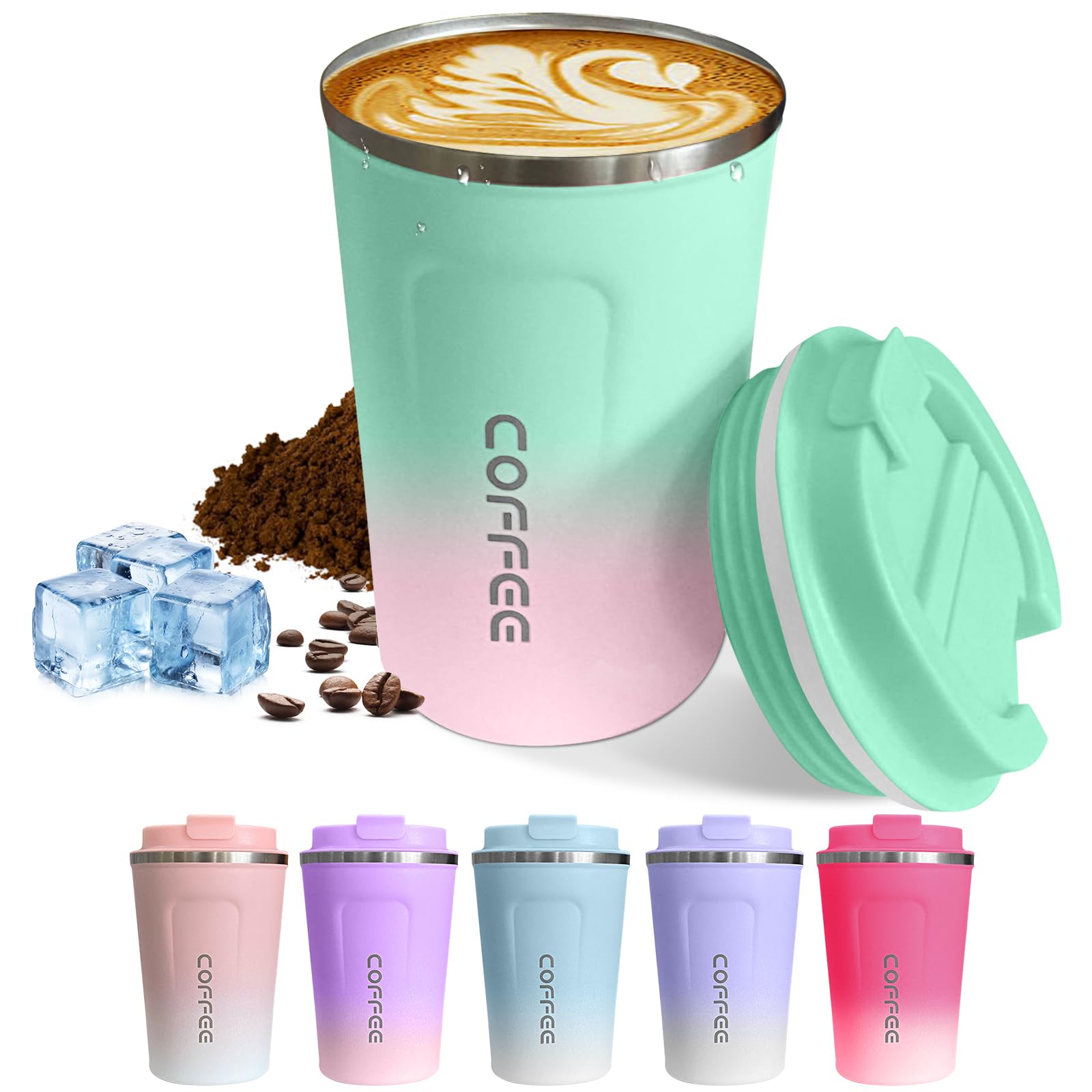 Photo 1 of Travel coffee mugs leak-proof, reusable coffee cups with lids, stainless steel vacuum thermos coffe tumblers,thermal insulation cups for men and women hot & cold drinks (2nd-Green Pink, 17OZ)
