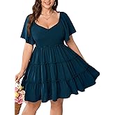 SHESTARR Womens Plus Size Casual Mini Dress Sweetheart Neckline Short Flutter Sleeve Smocked A Line Tiered Ruffle Dresses