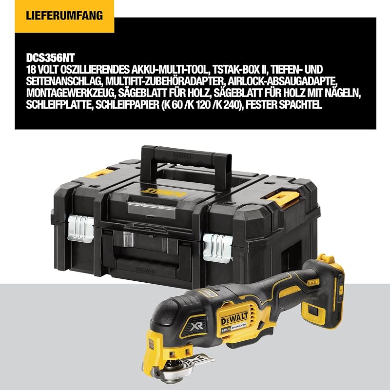 18V oszillierendes Akku Multi Tool DCS356NT(Basisversion), Bürstenlos, Mit Tiefen und Seitenanschlag, LED Licht, Inkl Tstak Box II, Ohne Akku und Ladegerät, Schwarz/Gelb