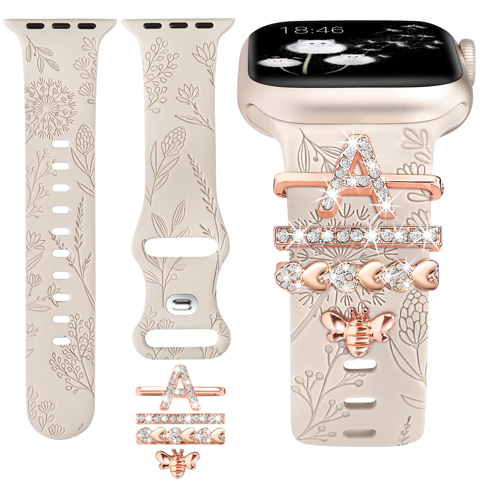 Minyee Compatible with Apple Watch Band with Charms Women 41mm 40mm 38mm 42mm 44mm 45mm 49mm Decorative Ring Loops Floral Engraved Silicone Strap for iWatch Ultra 2,Series 9/8/7/6/5/4/3/2/1/SE(with