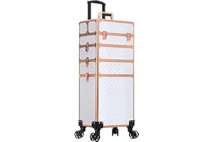 AROUS Rolling Makeup Train Case 4 in 1 Cosmetology Case on Wheels Large Storage Cosmetic Trolley with Key Salon Barber Case Traveling Cart Trunk,White
