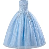 IDOPIP Sequin Flower Girl Lace Dress for Kids Wedding Pageant Party Formal Long Gown Princess First Communion Tulle Dresses