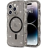 Pepmune Magnetic for iPhone 14 Pro Max Case Clear, Sparkly Bling Glitter Cute Curly Wavy Cover for Women Men Compatible with MagSafe TPU Shockproof Protective Phone Case for iPhone 14 Pro Max, Black