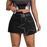 Floerns Women's Plus Size Asymmetrical Mini Denim Skirt Distressed Star Belted Jean Skirts
