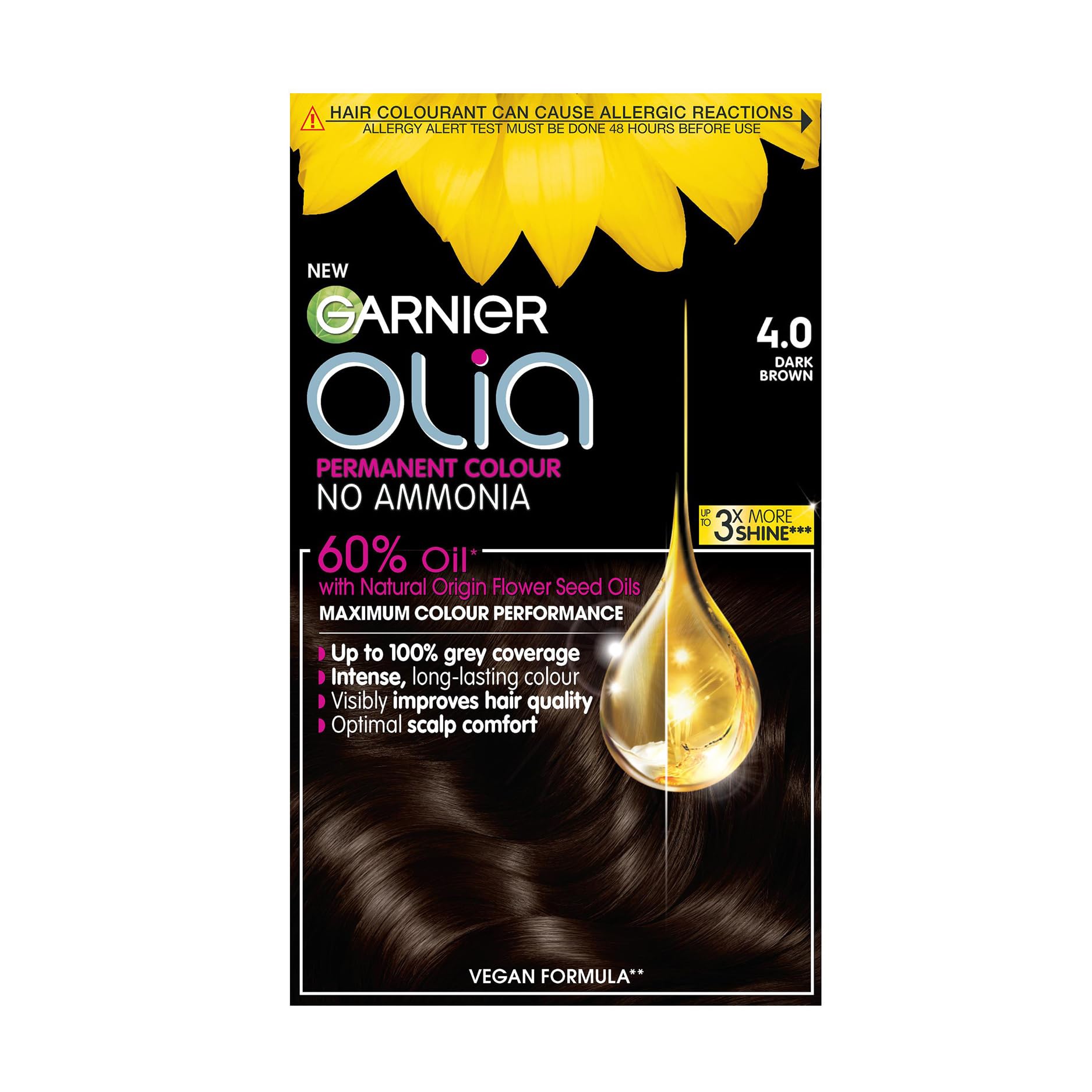 Garnier Olia 4.0 Dark Brown, oil-powered, no-ammonia. 100% grey coverage. Luminous, long-lasting, vibrant dark brown hair color with incredible shine and softness. โ image 1