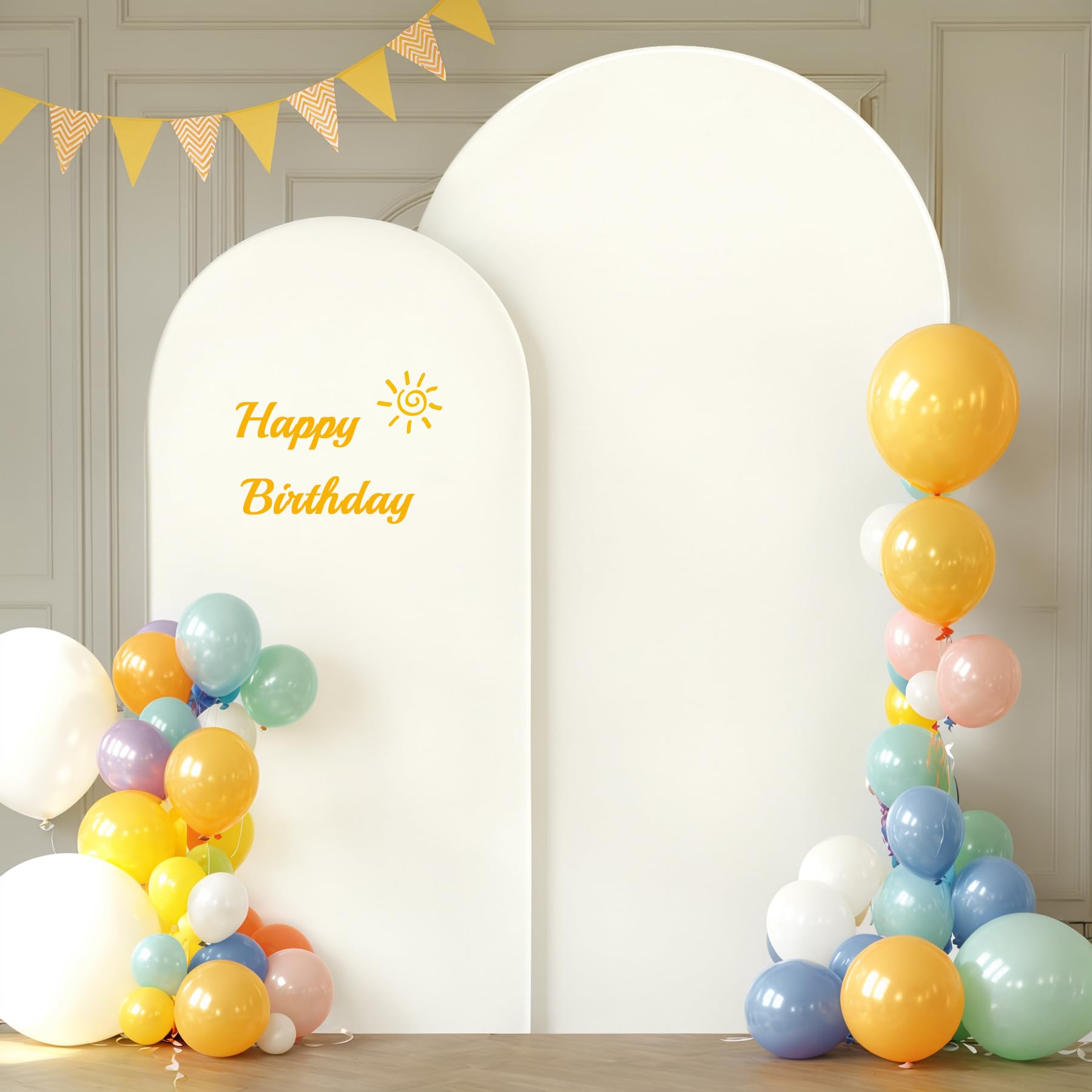 Photo 1 of Beige Arch Backdrop Covers - 7.2FT, 6FT Spandex Fitted Wedding Arch Stand Covers Round Top Chiara Arch Backdrop Cover for Wedding Birthday Party Decoration