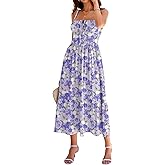 Women's Casual Beach Vacation Dress with Pockets Flowy Aline Tiered Spaghetti Strap Lace Up Corset Midi Sundress for Summer