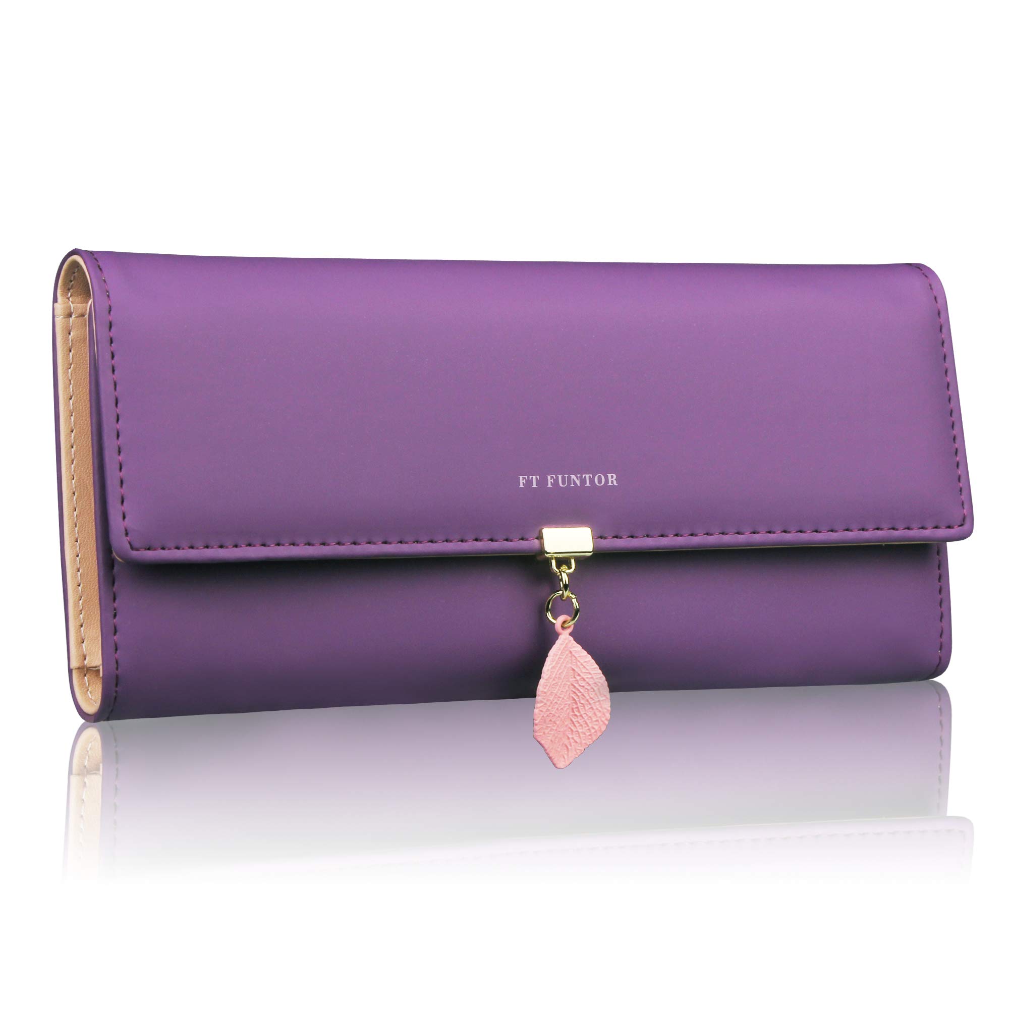 FT FUNTOR PU Leather Wallet for Women RFID Blocking Ladies Leaf Pendant Coin Zipper Long Purse with Multiple Card Slots and Card Holders Phone Pocket (L-Deep Purple)