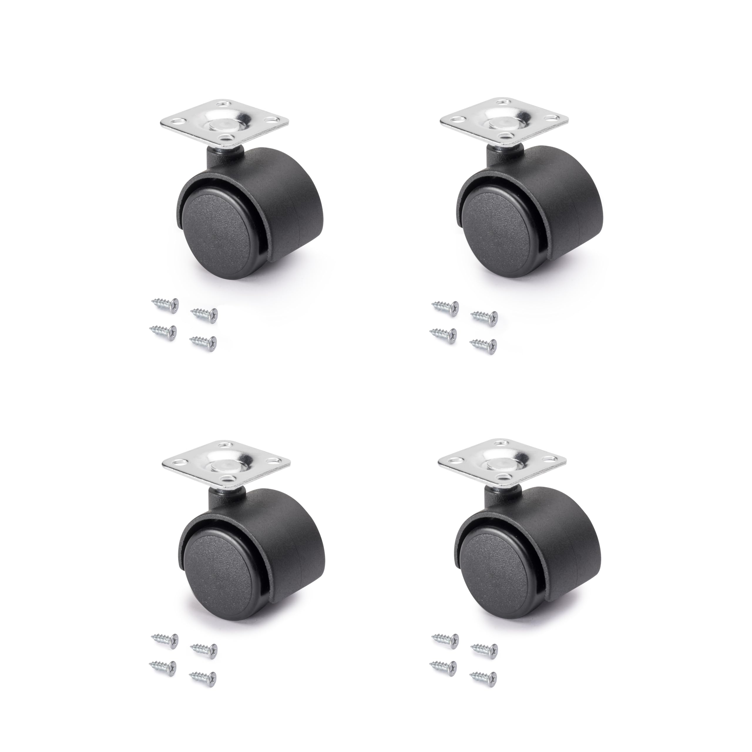 Emuca - black swivel castors for furniture without brake 30mm diameter with fixing plate and ball bearings, Pack of 4