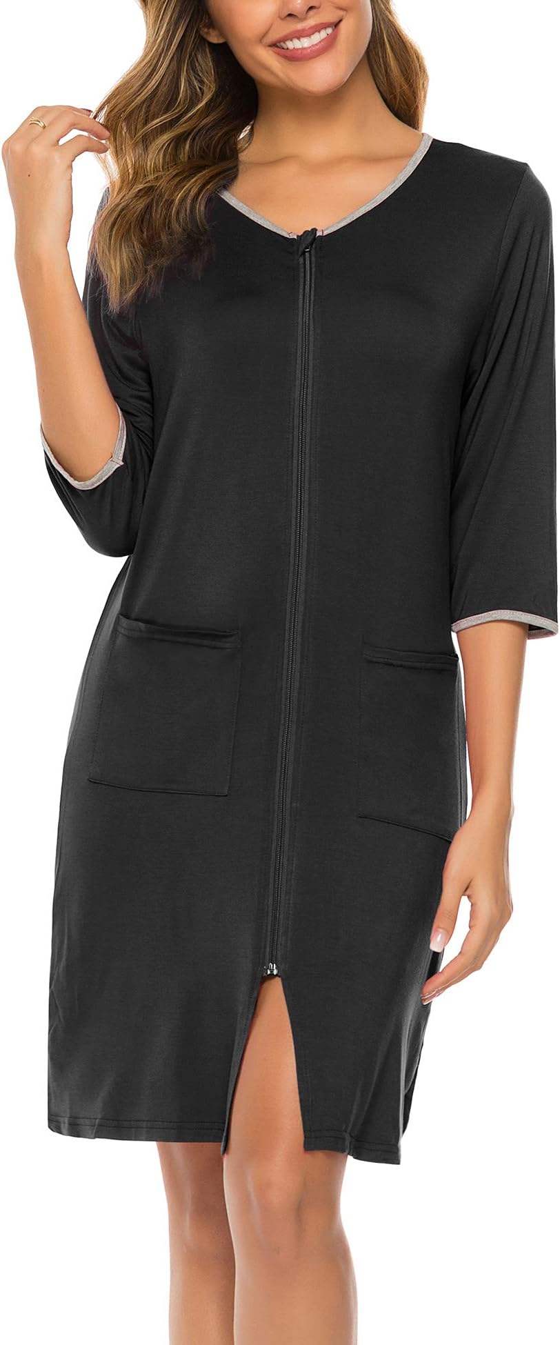 UUANG Zipper House Dress 3/4 Sleeve Sleepwear Lightweight Modal Robe Short Nightgown Housecoat with Pockets S-XXL