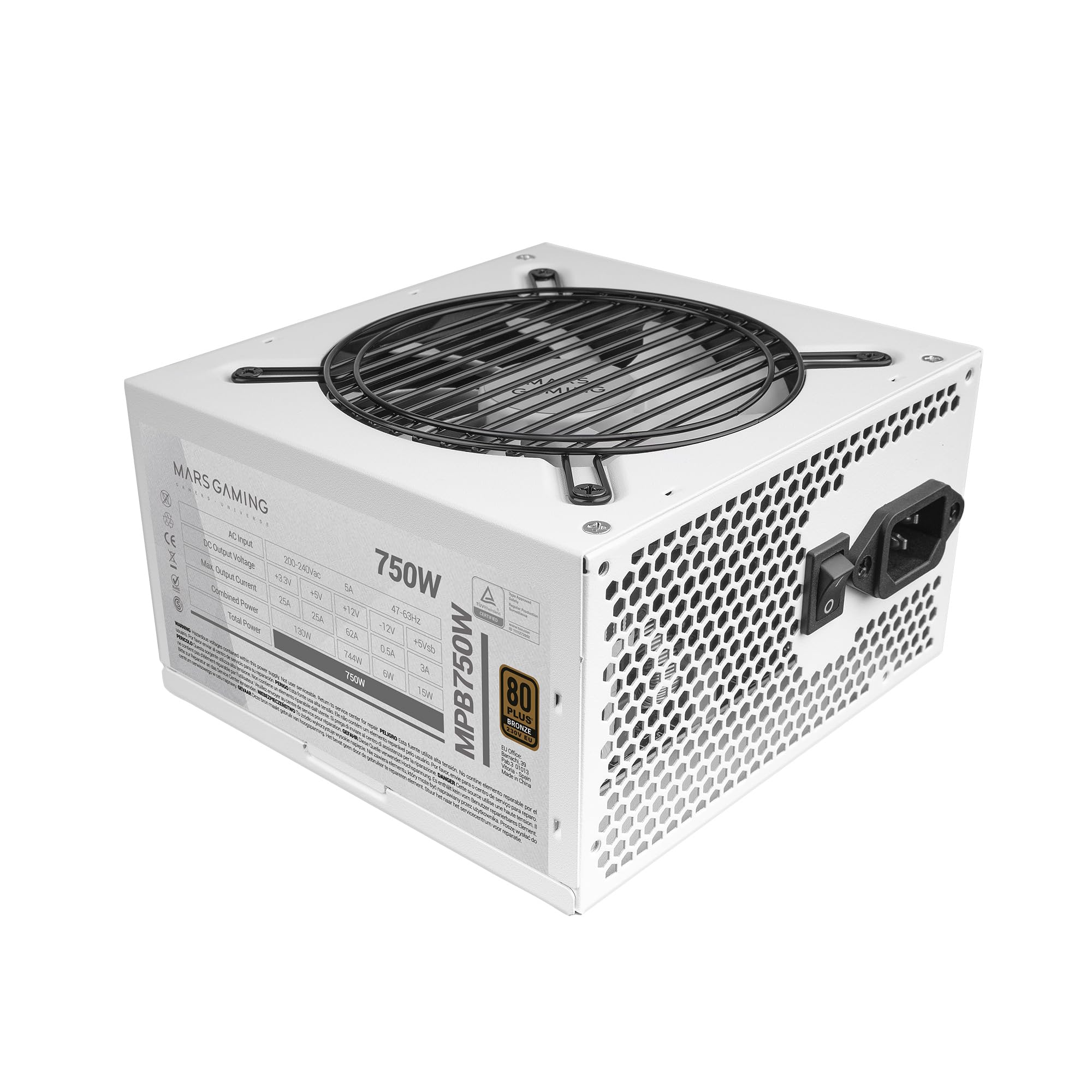 Mars Gaming Mpb750, Pc Power Supply 750W Atx, 6 Years Warranty, 80Plus Bronze 230V Eu, 90% Efficiency, 120Mm Fdb Fan With Ai-Rpm Technology And Anti-Vibration System, White