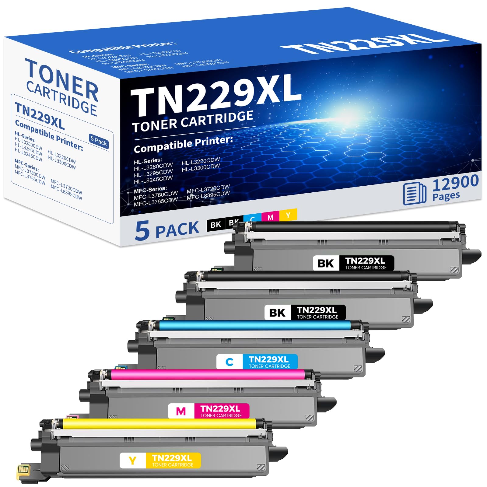 Photo 1 of TN229XL Toner Cartridges 5 Pack Compatible for TN229XL TN-229XL TN229 XL 5PK Toner Cartridge High Yield Work With MFC-L3720CDW MFC-L3780CDW MFC-L3765CDW HL-L3280CDW (5 Pack TN229XL, BK/C/M/Y)