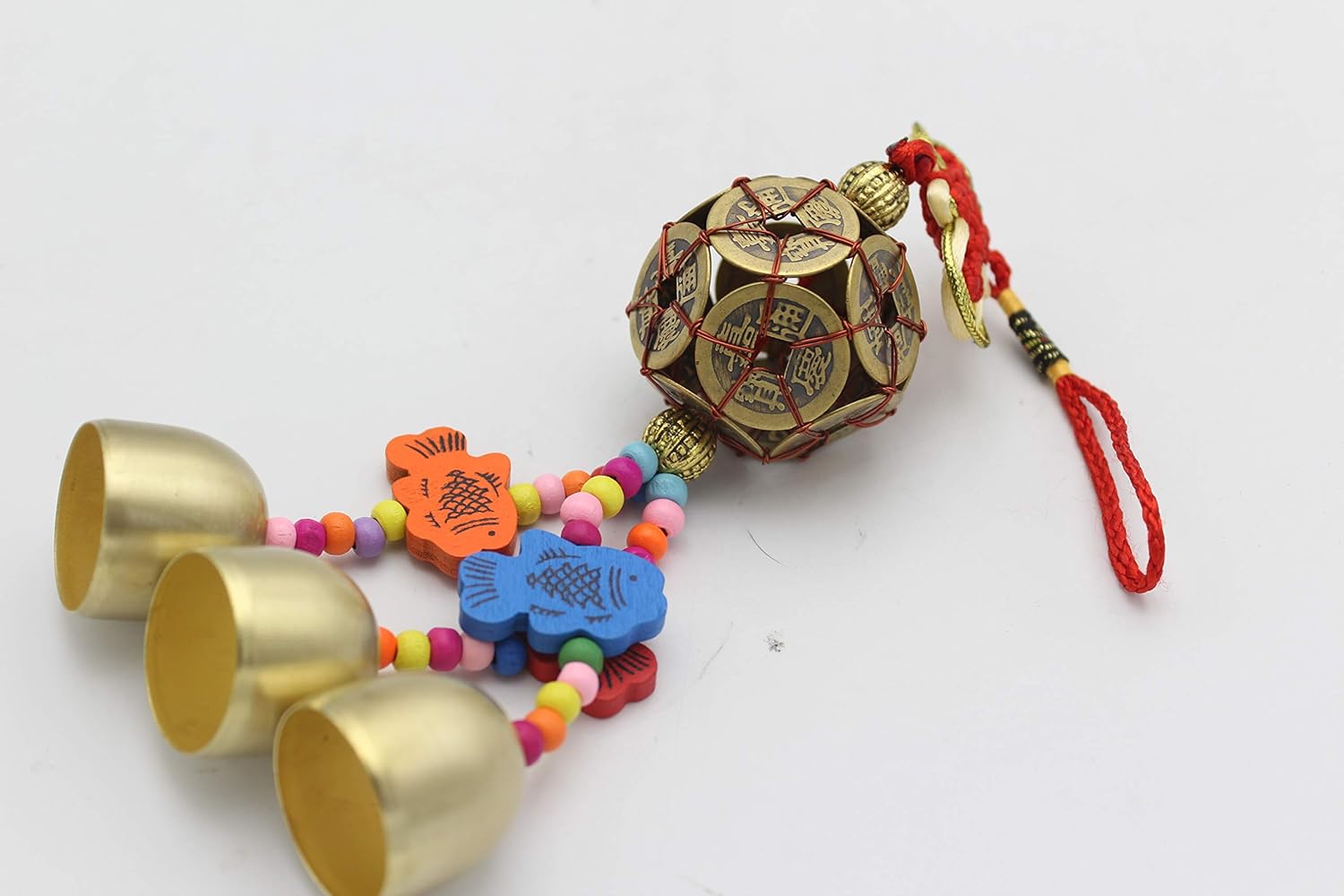 Brass Metal Feng Shui Home Protection 12 Emperor Coins Ball Lucky Tassel Hanging Charm w Bells