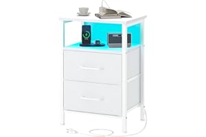 TRIFEBLE Nightstands, Night Stand with Charging Station and Led Lights, Bedside Table with 2 Fabric Drawers for Bedroom, Small Side End Table with Open Shelf, White