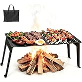 Zarkind Campfire Grill Grate with Flat Griddle &amp; Steel Mesh Panel, Heavy Duty Folding Over Fire Pit Grill Table with Bag for Outdoor Camping BBQ